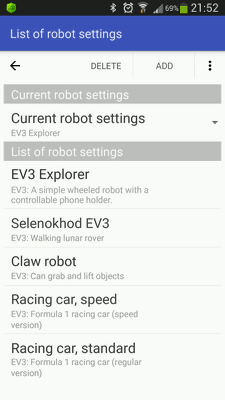 List of robot settings in RoboCam