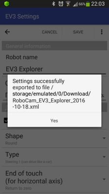 Settings exported successfully in RoboCam