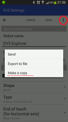 Making a copy of robot settings in RoboCam