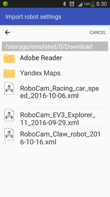 Choosing a robot settings file in RoboCam
