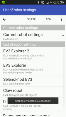 Robot settings imported successfully in RoboCam