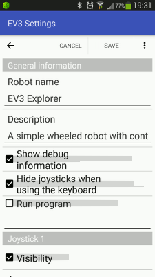 The "Show debug information" and "Hide joysticks when using the keyboard" checkboxes in RoboCam