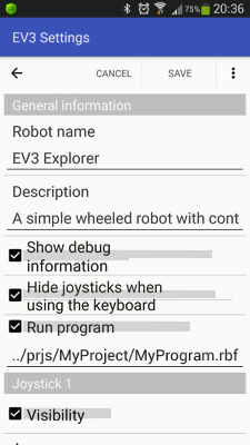 Entering the full path of the EV3 program in the robot settings in RoboCam