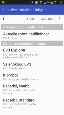 Lista över robotinställningar i RoboCam