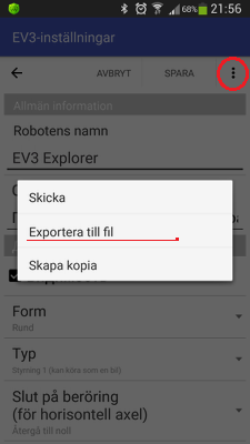 Exportera inställningar till en fil i RoboCam