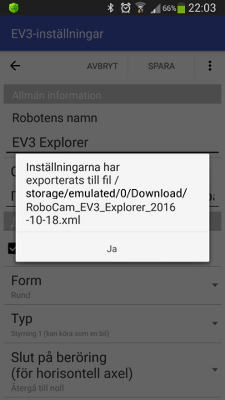 Inställningarna exporterades i RoboCam