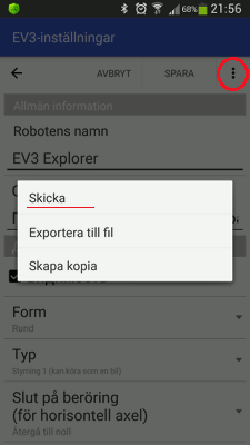 Skicka robotinställningar från appen RoboCam