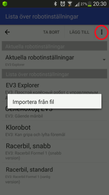Importera robotinställningar från en fil i RoboCam