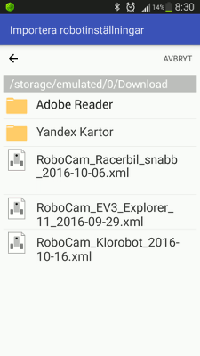 Välja en fil med robotinställningar i RoboCam