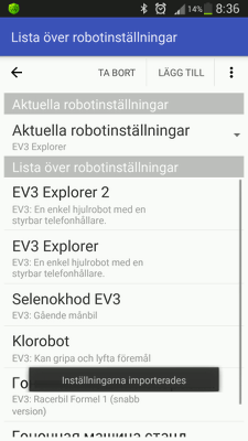 Robotinställningarna importerades i RoboCam