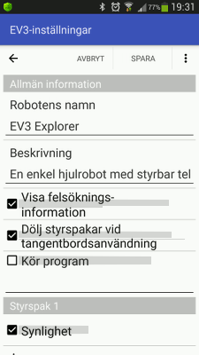 Kryssrutorna "Visa felsökningsinformation" och "Dölj styrspakar vid tangentbordsanvändning" i RoboCam
