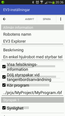 Ange den fullständiga sökvägen till EV3-programmet i robotinställningarna i RoboCam