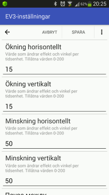 Inställningarna "Ökning horisontellt", "Ökning vertikalt", "Minskning horisontellt" och "Minskning vertikalt" i RoboCam