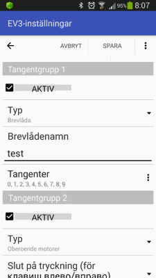 Ett exempel på en konfigurerad tangentgrupp "Brevlåda" i RoboCam